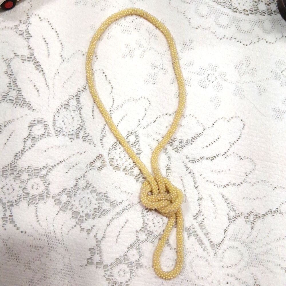 Vintage Creamy Yellow Seed Bead Hand Crocheted Necklace Long Flapper, 45"